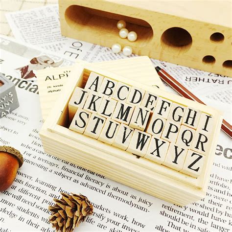 26pcs Wooden Alphabet Letters Rubber Stamps Upper Case Stamp Set Craft ...