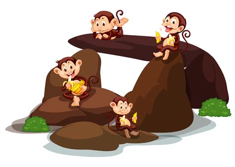 Happy monkeys eating banana at stone 373429 Vector Art at Vecteezy