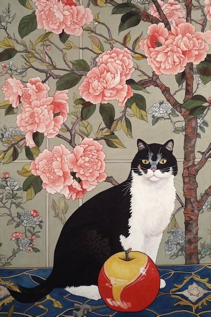 Premium AI Image | A painting of a cat sitting on a table with flowers ...