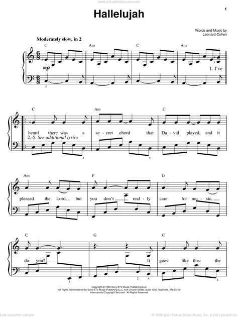 Hallelujah, (easy) sheet music for piano solo (PDF-interactive)