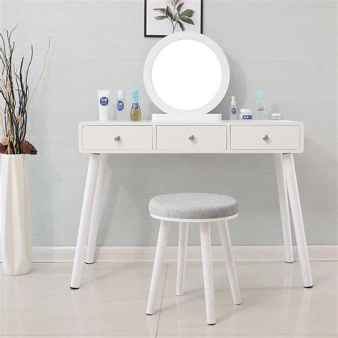 Coiffeuse blanche avec miroir et tabouret, 3 tiroirs - Cdiscount Maison