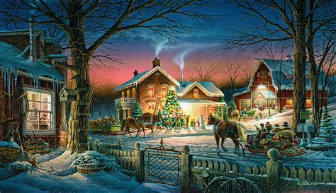 HD wallpaper: Christmas village painting, winter, the sky, snow, trees ...