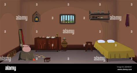 Village room inside cartoon background vector, poor room interior ...