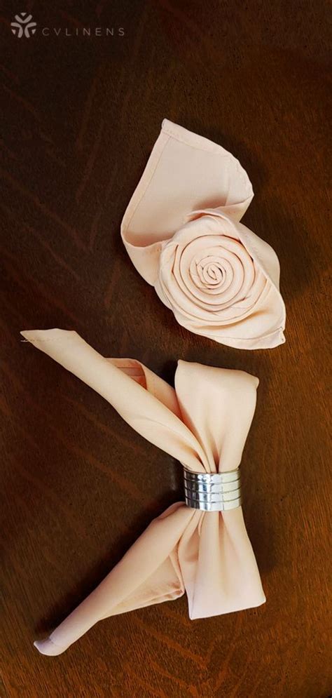 Wedding reception blush napkin folded as a rose and bow tie | napkin ...