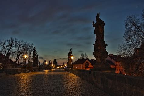 Prague Czech Republic Bridges night time Street lights, Prague Night HD ...