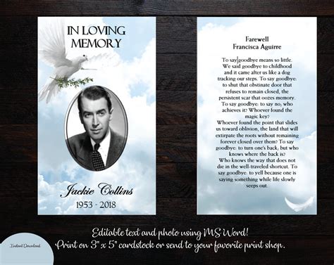 DIY Printable Funeral Prayer Card 3 X 5 Memorial Prayer Card Editable ...