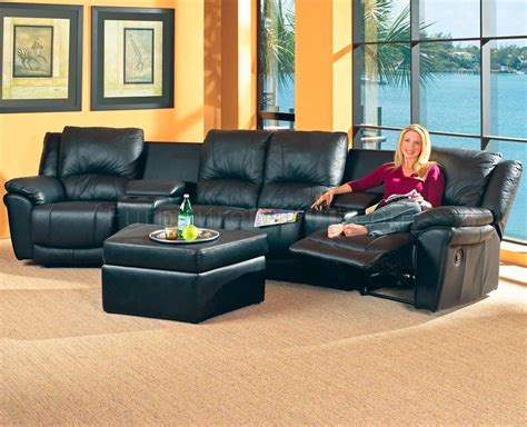 Black Bonded Leather Match Modern Home Theater Sectional Sofa