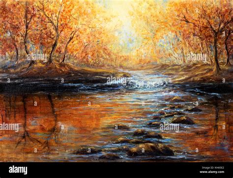 Original oil painting of beautiful autumn forest and river on Stock ...