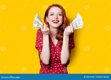 Girl in Red Dress with Money Stock Photo - Image of smiling, redhead ...