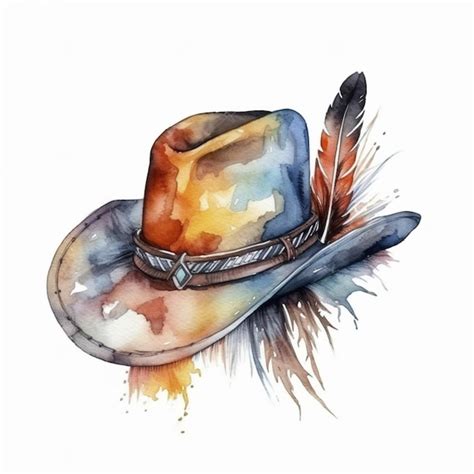 Premium AI Image | Painting of a cowboy hat with a feather on it ...