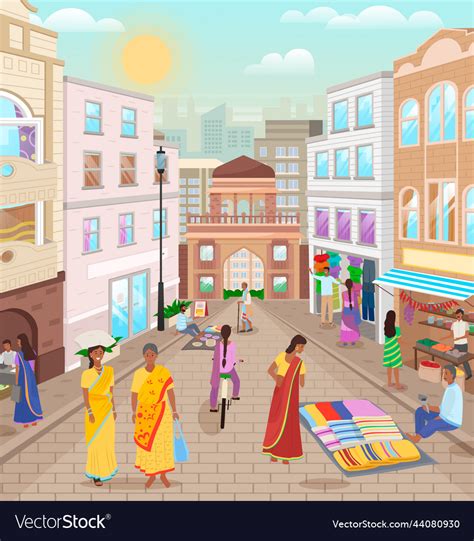 Indian market with people and shops ancient Vector Image