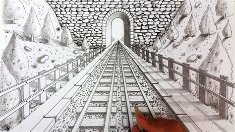 Drawing in one point perspective | Railway | Timelapse - YouTube