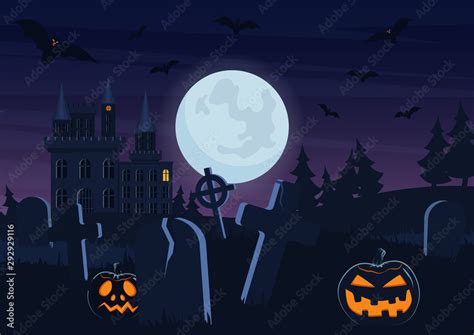 Halloween spooky graveyard flat vector background. Scary haunted house ...