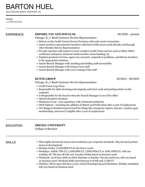 Bank Customer Service Representative Resume Samples | Velvet Jobs