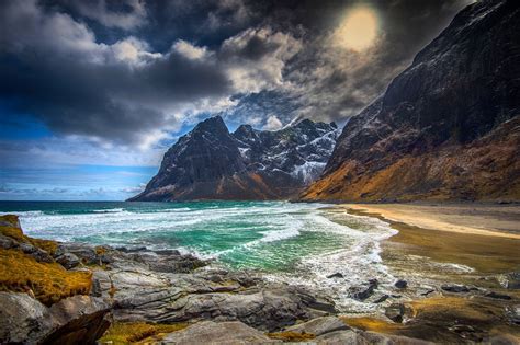 beach, Mountain, Sea, Island, Lofoten, Norway, Clouds, Waves, Snowy ...