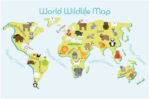 World Wildlife Map - continents with | Wildlife, Cartoon animals, Funny ...