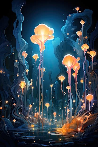 Premium AI Image | a digital art of glowing mushrooms