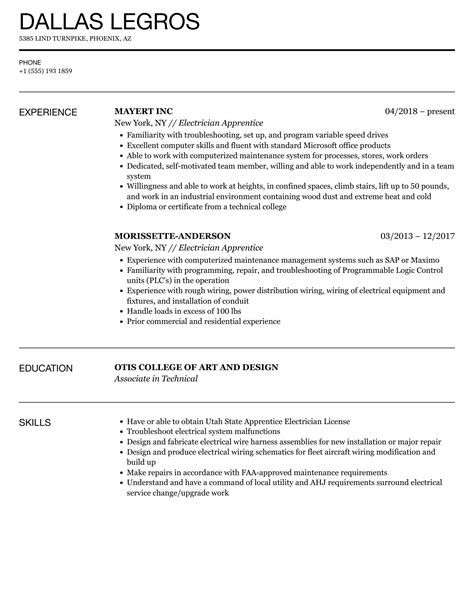 Electrician Apprentice Resume Samples | Velvet Jobs