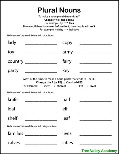 Printable Plural Nouns Worksheets for Kids - Tree Valley Academy