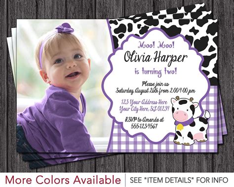 Cow Birthday Invitation • Barnyard Birthday Invitations • Purple by ...