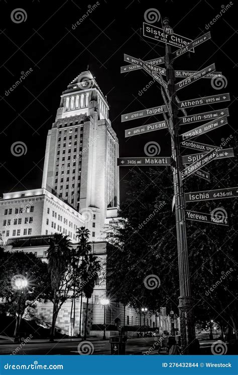 Grayscale Shot of Los Angeles City Hall at Night. Editorial Stock Image ...