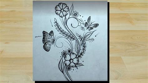 Pencil Flower And Butterfly Drawing