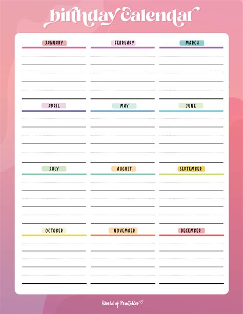 Printable Birthday Chart Template