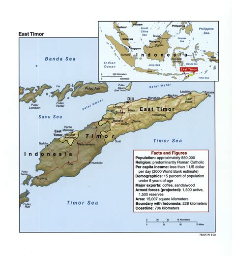 Large detailed political map of East Timor with relief, roads and major ...