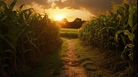 Premium AI Image | Sunset over corn field in the evening3d render