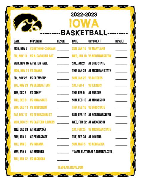 Iowa Basketball Schedule Printable