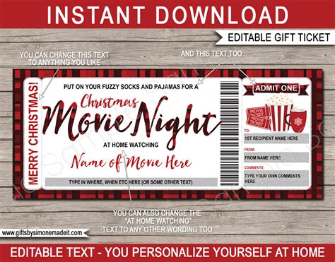 Christmas Family Movie Night Ticket Template | Gift Voucher, Certificate