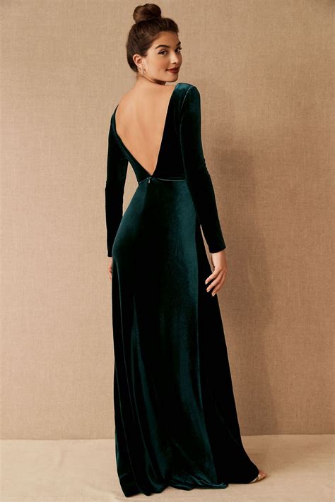 Jenny Yoo Ryland V-Neck Long-Sleeve Open-Back Stretch Velvet Gown ...