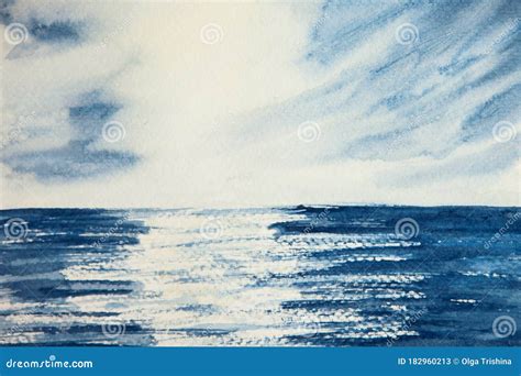 Watercolor Drawing of Blue Water and Blue Sky. Landscape with Ocean ...