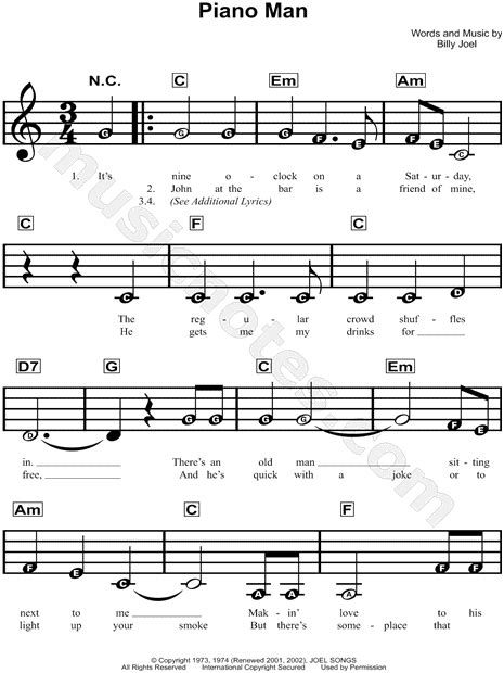 Billy Joel "Piano Man" Sheet Music for Beginners in C Major - Download ...