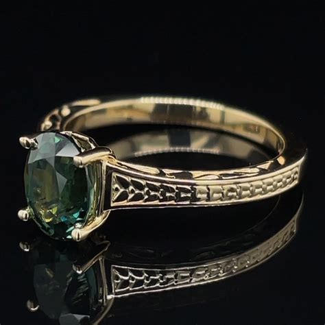 Vintage Style Etched Design Teal Sapphire Ring | Olympic Jewelry - Open ...