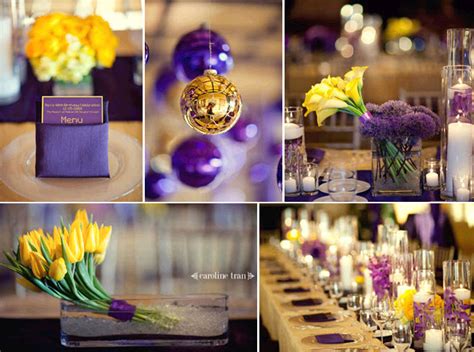 Vibrant purple and yellow wedding reception tablescape, with yellow ...