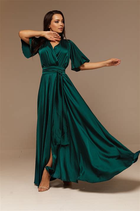 Emerald Green Silk Full Wrap Maxi Dress, Summer Bridesmaid Green Silk ...