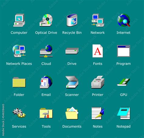 Vetor de Old computer icons pack. Desktop 98 icon set. Redesigned older ...