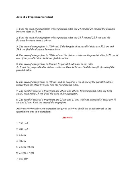 Area of A Trapezium Worksheet | PDF