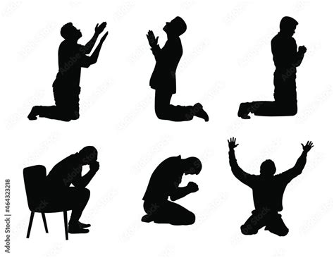 Man praying and praising God on knees silhouette set vector ...