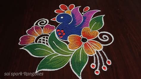 small bird rangoli | simple flower rangoli | kolam with dots | 5 pulli ...