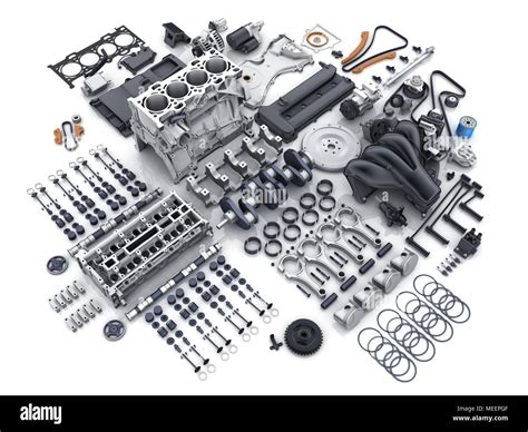 Car engine disassembled. Many parts on white background. 3d ...