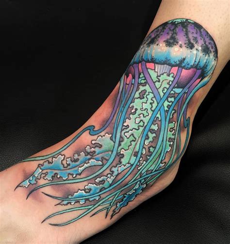 Colorful Jellyfish Foot Tattoo | Best tattoo design ideas