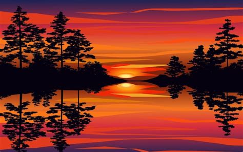 Premium Vector | Sunset scenery with river and forest reflection on ...