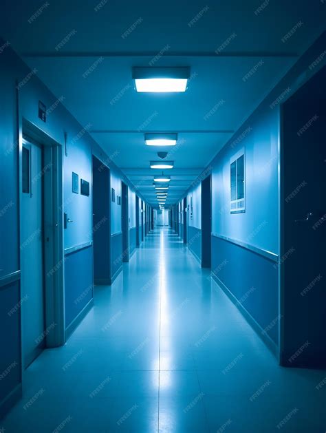 Premium AI Image | A hospital hallway with blue walls and metal ...