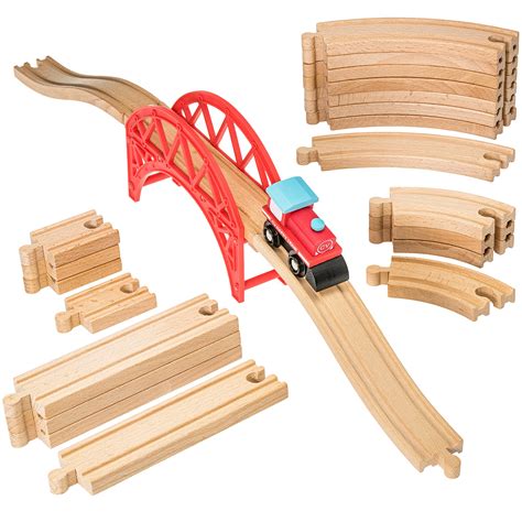 Wooden Train Tracks Toy Set With Engine Car And Bridge 24 Pieces Gifts ...