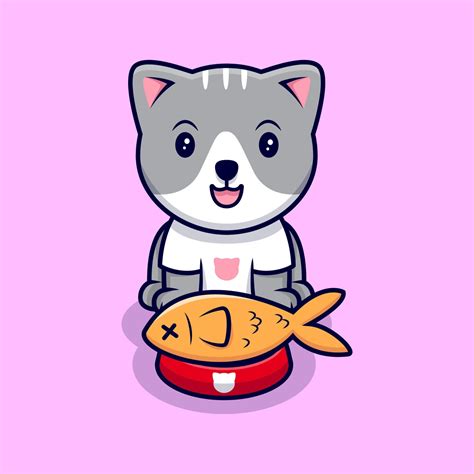 Cute Cat Eating Fish Cartoon Vector Icon Illustration. Flat Cartoon ...