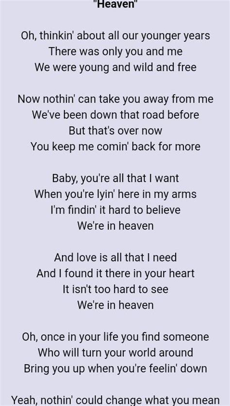 Heaven by Bryan Adams | Great song lyrics, Favorite lyrics, Music ...