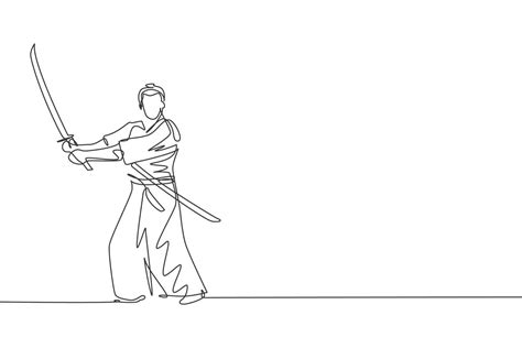 One single line drawing of young Japanese samurai warrior holding ...