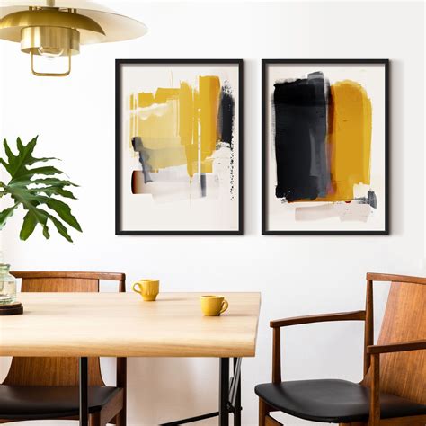 Mustard Yellow Abstract Wall Art Set Of Two Prints | Yellow wall art ...